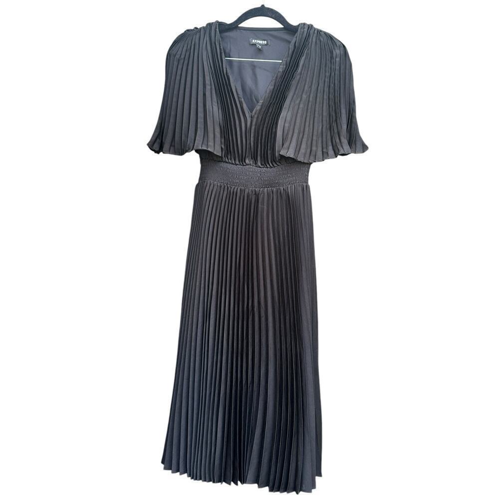 EXPRESS PLEATED V-NECK MIDI Smocked DRESS black Size XSmall Butterfly Sleeve